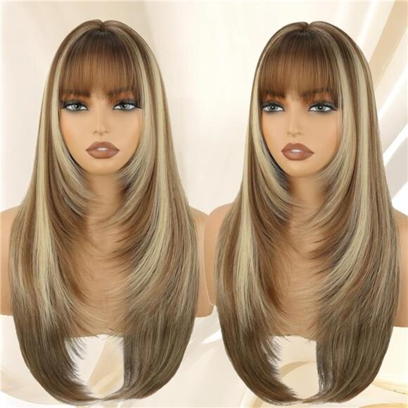 Brown Long Straight Layered Wig with Bangs for Women - Picture 1 of 5